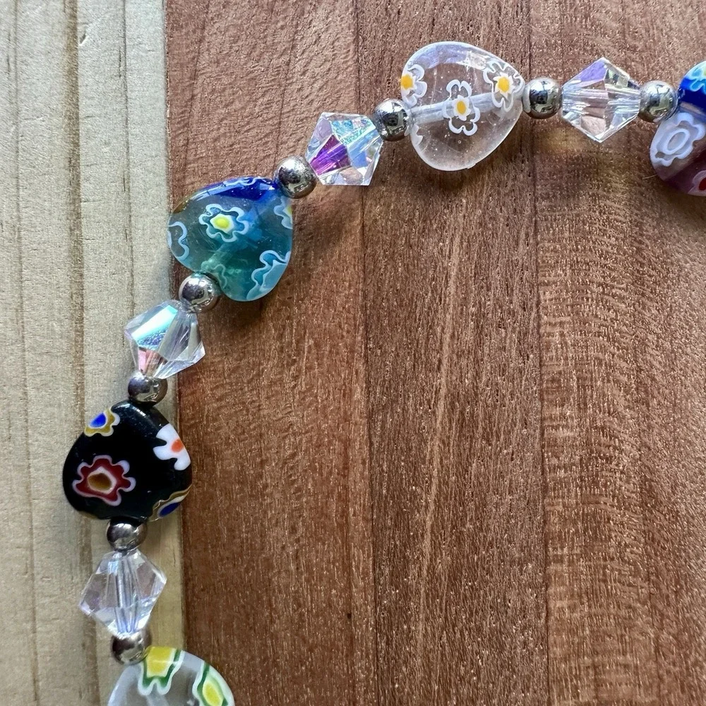 Vintage Heart Bead Bracelet 7.75 Inch Murano Millefiori Glass Crystals Toggle‎